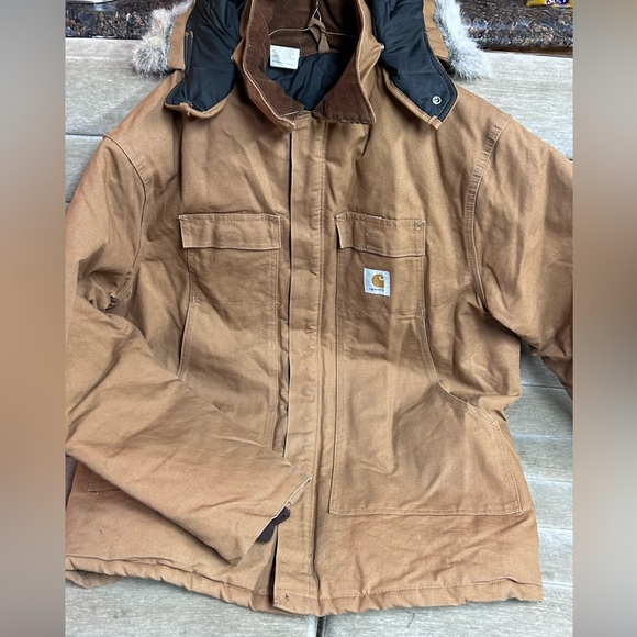 Vintage Carhartt Chore barn duck cloth coat with fur hood made in USA CQ196 - Picture 3 of 16